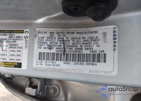 2006 Toyota Corolla Le из США, поврежденный, VIN 1NXBR32E16Z586083